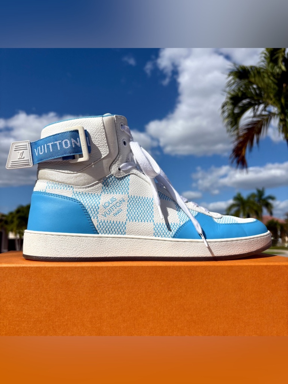 Louis Vuitton Blue Damier Sneaker Size 10 US 11 SS 22 High Top Calfskin MS0232 - Picture 8 of 17